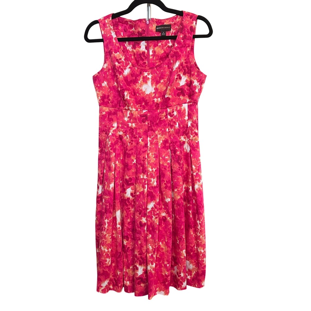 Dana Buchman Floral Print Pleated Sleeveless Dress Pink Orange Size 6